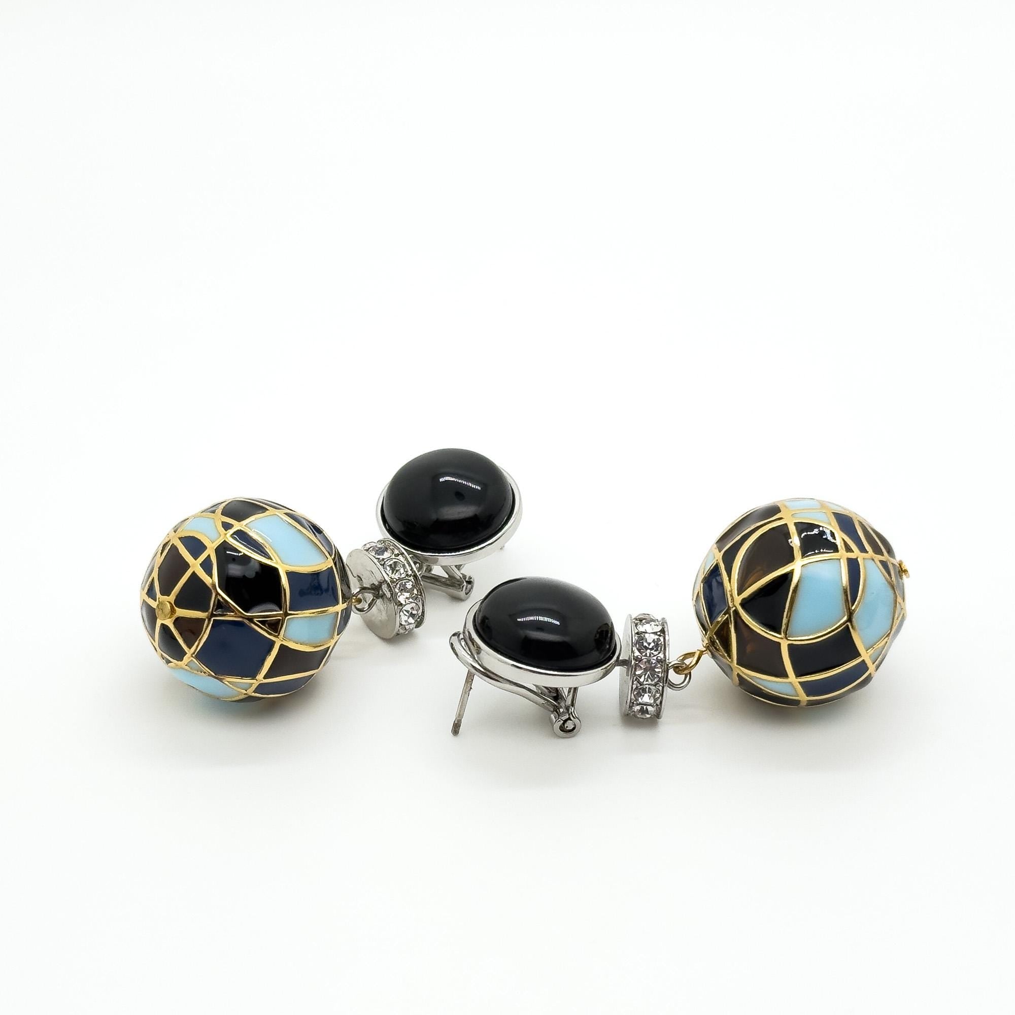 Vintage Art Deco Enamel Ball Earrings with Rhinestone Accents