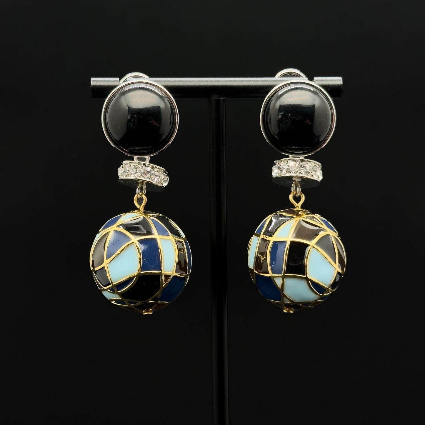 Vintage Art Deco Enamel Ball Earrings with Rhinestone Accents