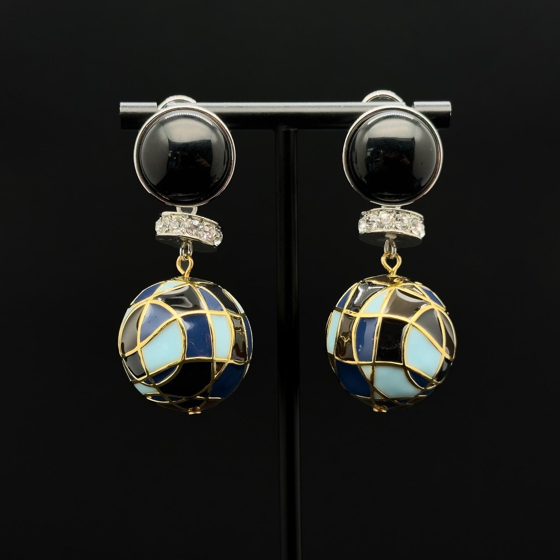 Vintage Art Deco Enamel Ball Earrings with Rhinestone Accents