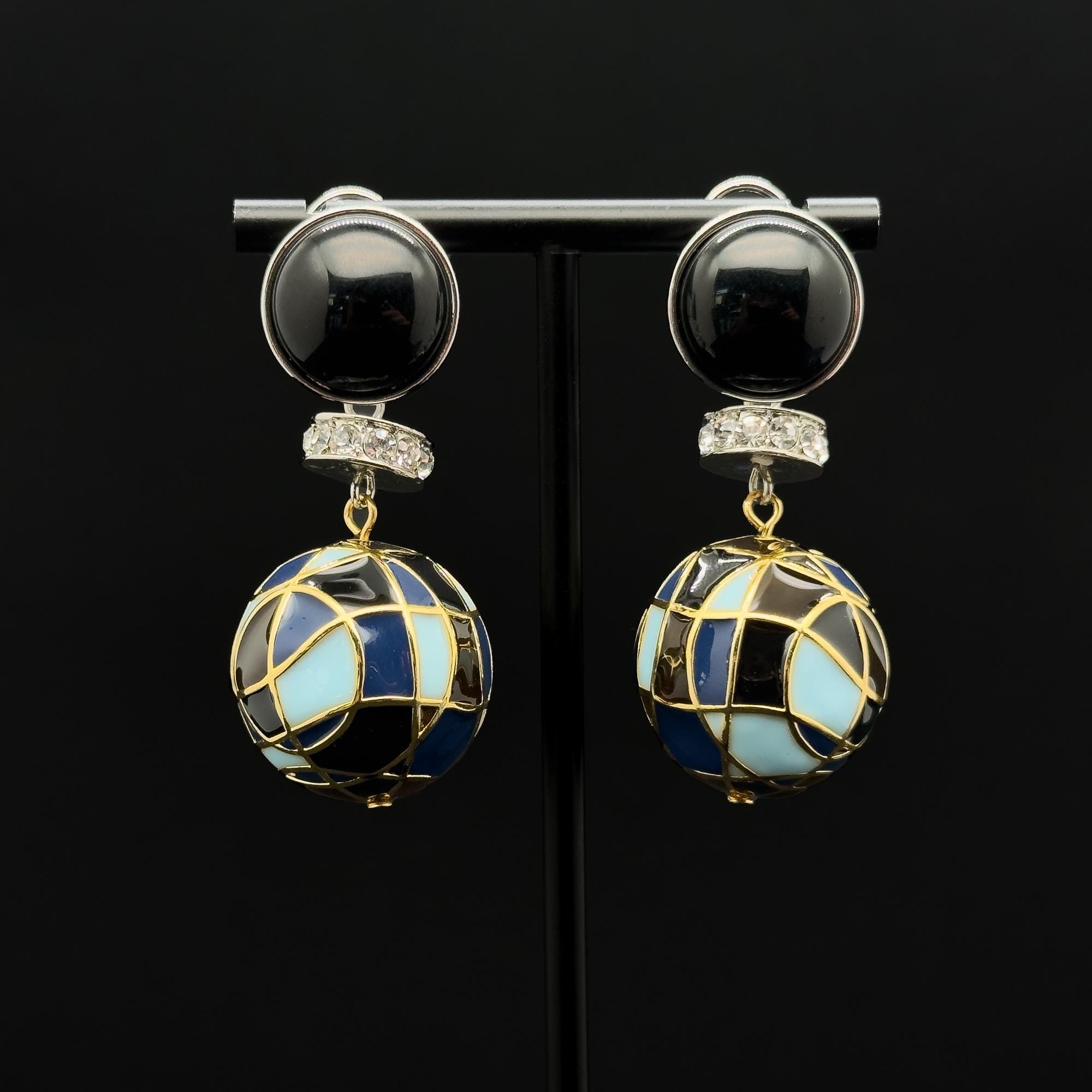 Vintage Art Deco Enamel Ball Earrings with Rhinestone Accents