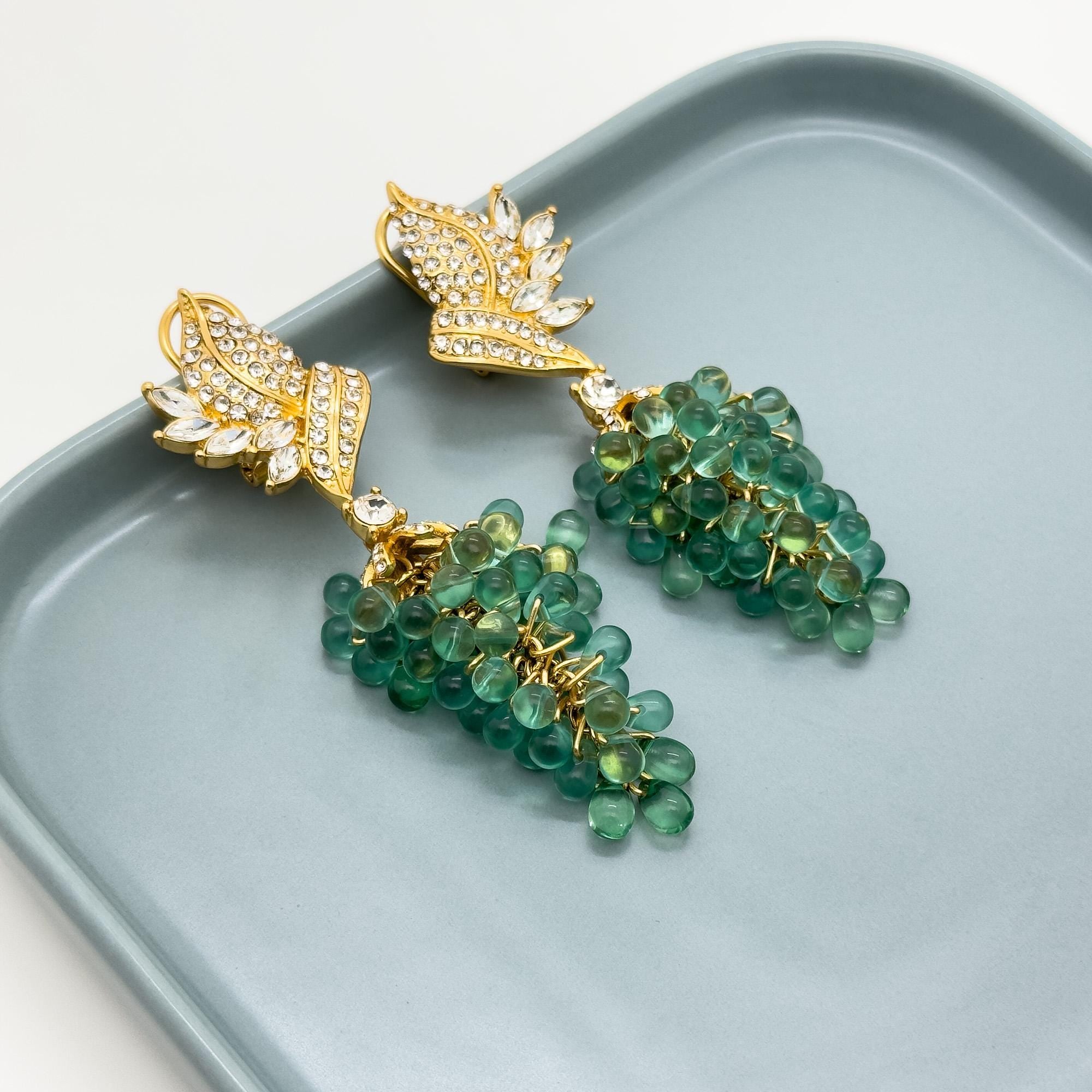 Vintage Art Deco Grape Drop Earrings with Rhinestones and Beads