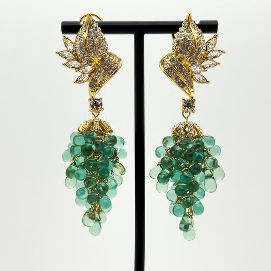 Vintage Art Deco Grape Drop Earrings with Rhinestones and Beads