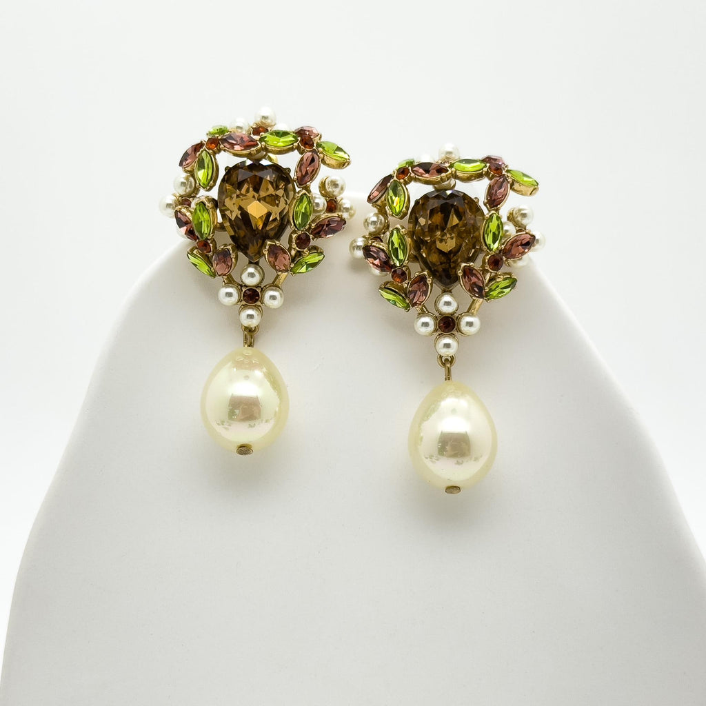 Vintage Art Deco Teardrop Earrings Zircon Pearl Copper Studs