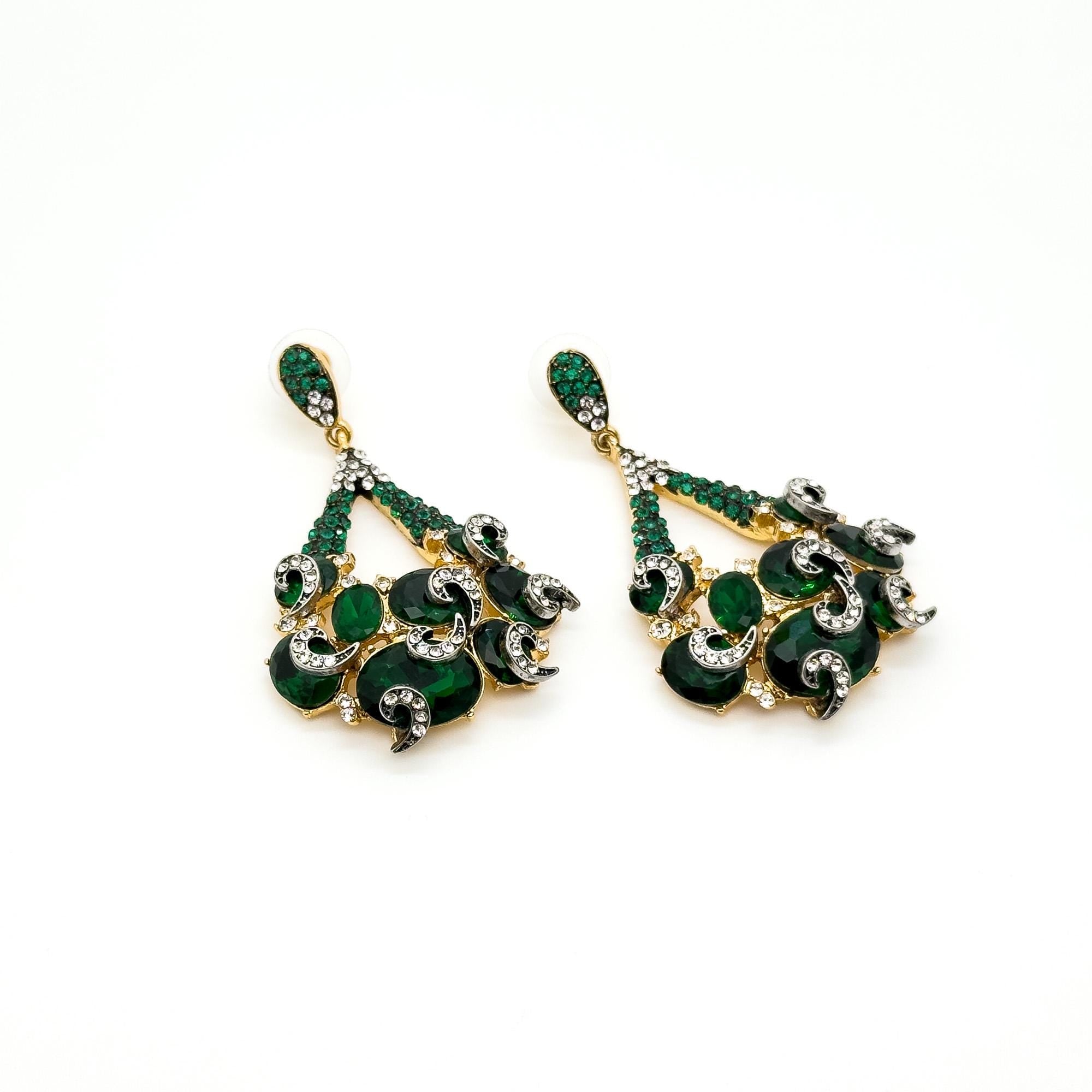Vintage Art Deco Emerald Teardrop Earrings with Zircon Pearls