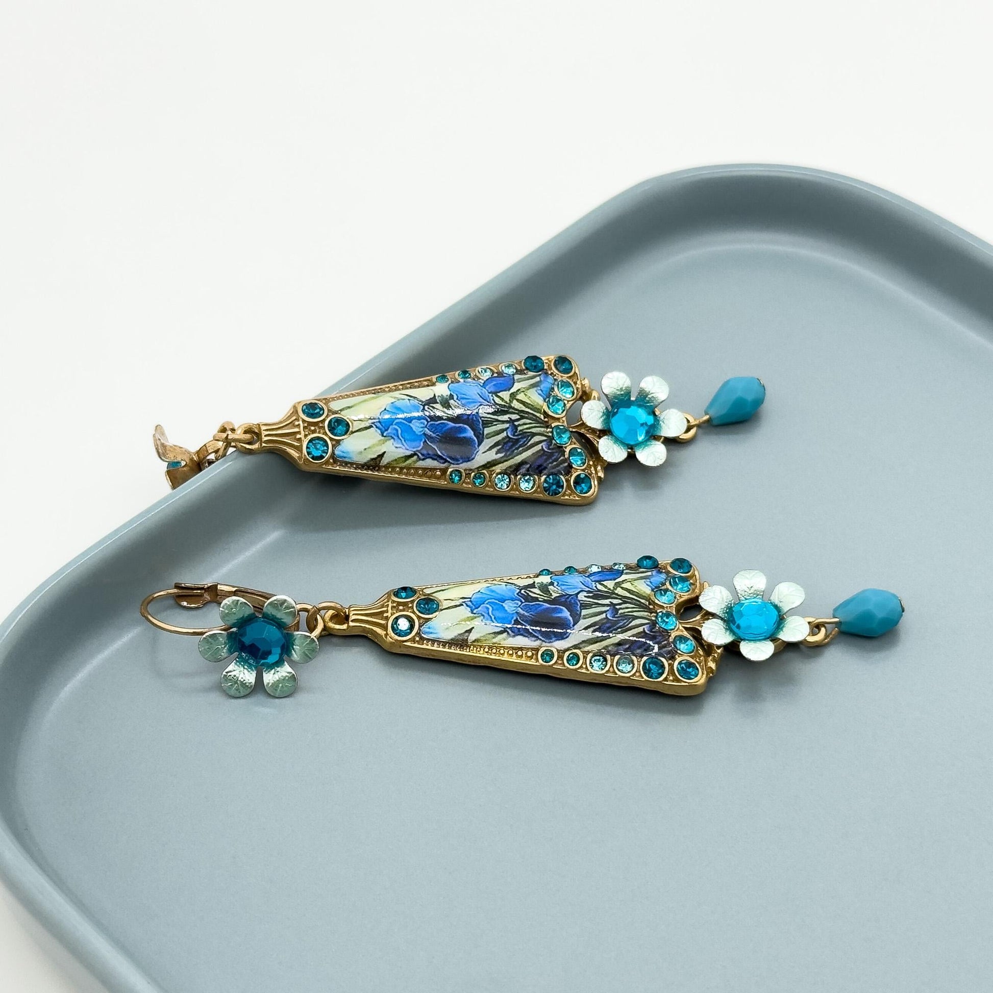 Art Deco Floral Enamel Copper Drop Earrings Vintage French Style