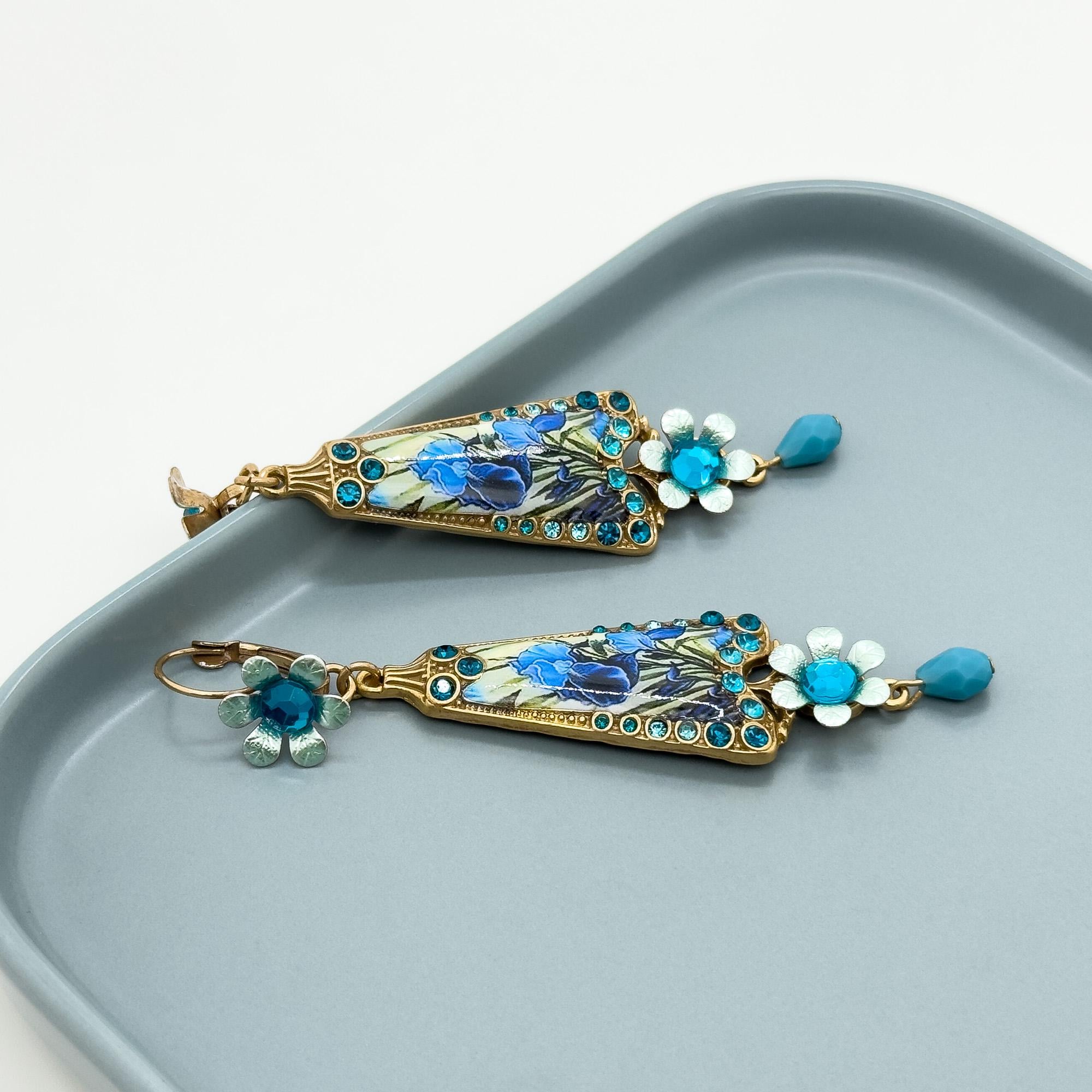 Art Deco Floral Enamel Copper Drop Earrings Vintage French Style