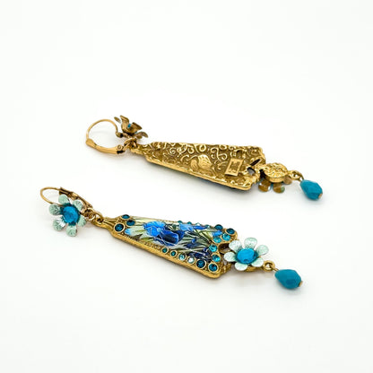 Art Deco Floral Enamel Copper Drop Earrings Vintage French Style