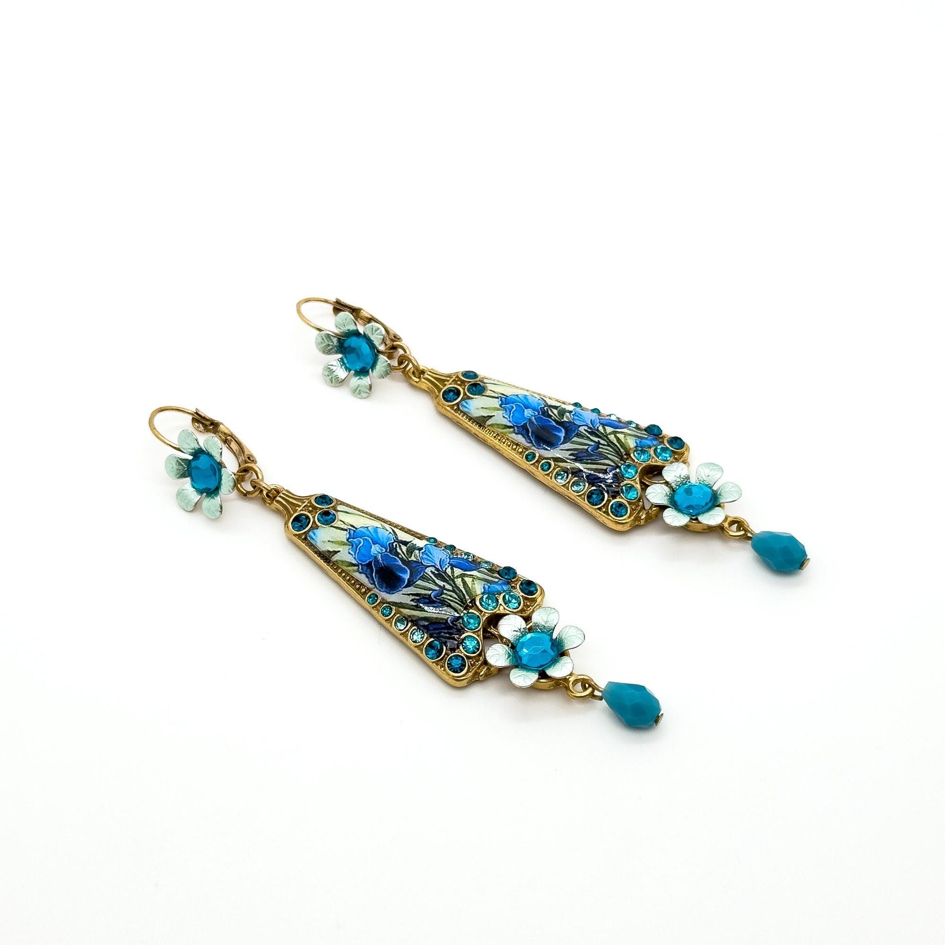 Art Deco Floral Enamel Copper Drop Earrings Vintage French Style
