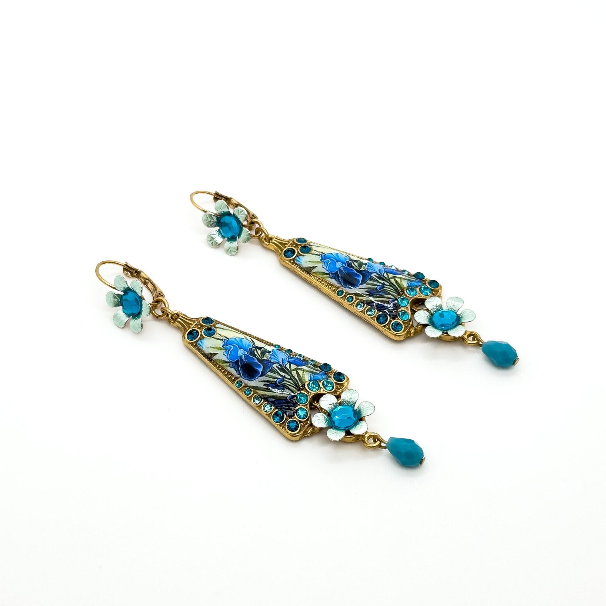 Art Deco Floral Enamel Copper Drop Earrings Vintage French Style