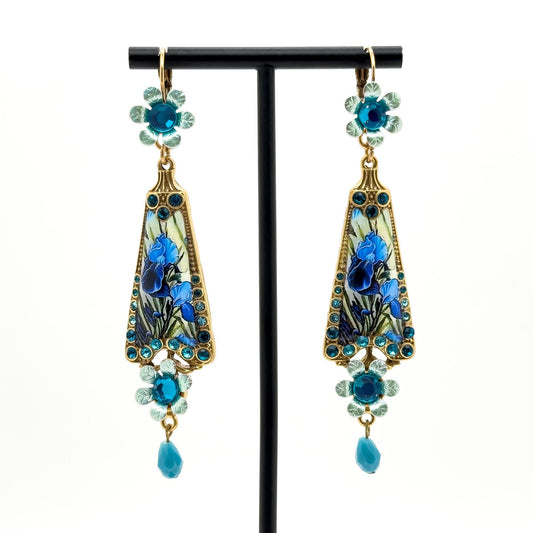 Art Deco Floral Enamel Copper Drop Earrings Vintage French Style
