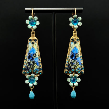 Art Deco Floral Enamel Copper Drop Earrings Vintage French Style
