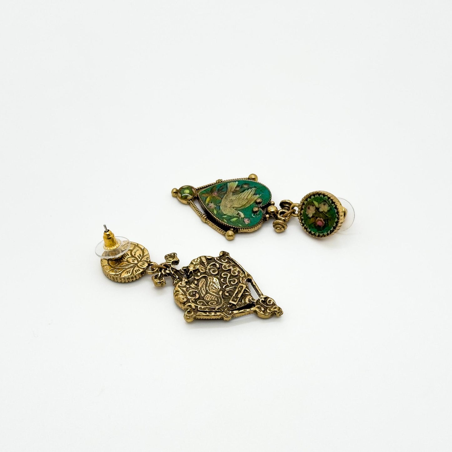 Vintage Art Deco Enamel Copper Earrings and Pigeon Pendant Set