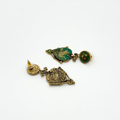 Vintage Art Deco Enamel Copper Earrings and Pigeon Pendant Set