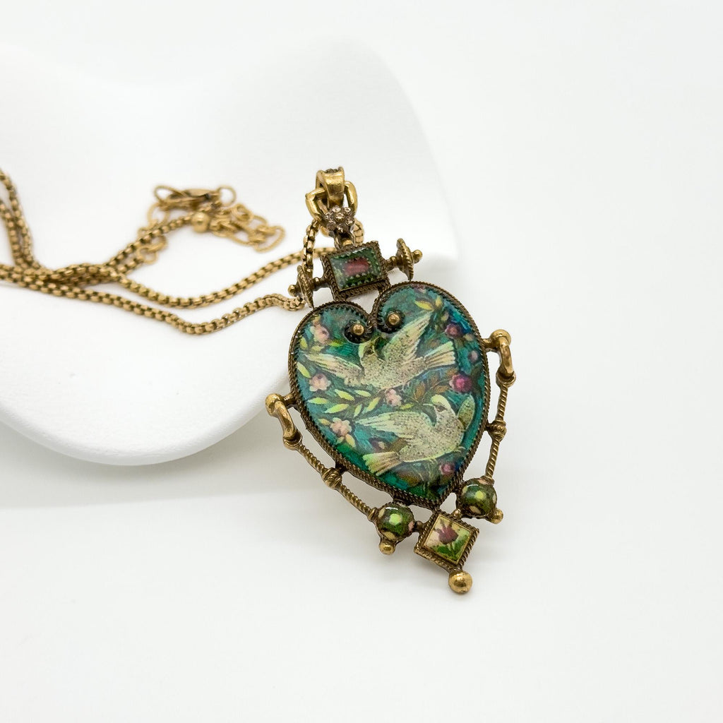 Vintage Art Deco Enamel Copper Earrings and Pigeon Pendant Set