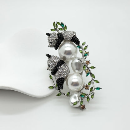 Art Deco Panda Brooch Rhinestone Pearl Copper Large Coat Pin