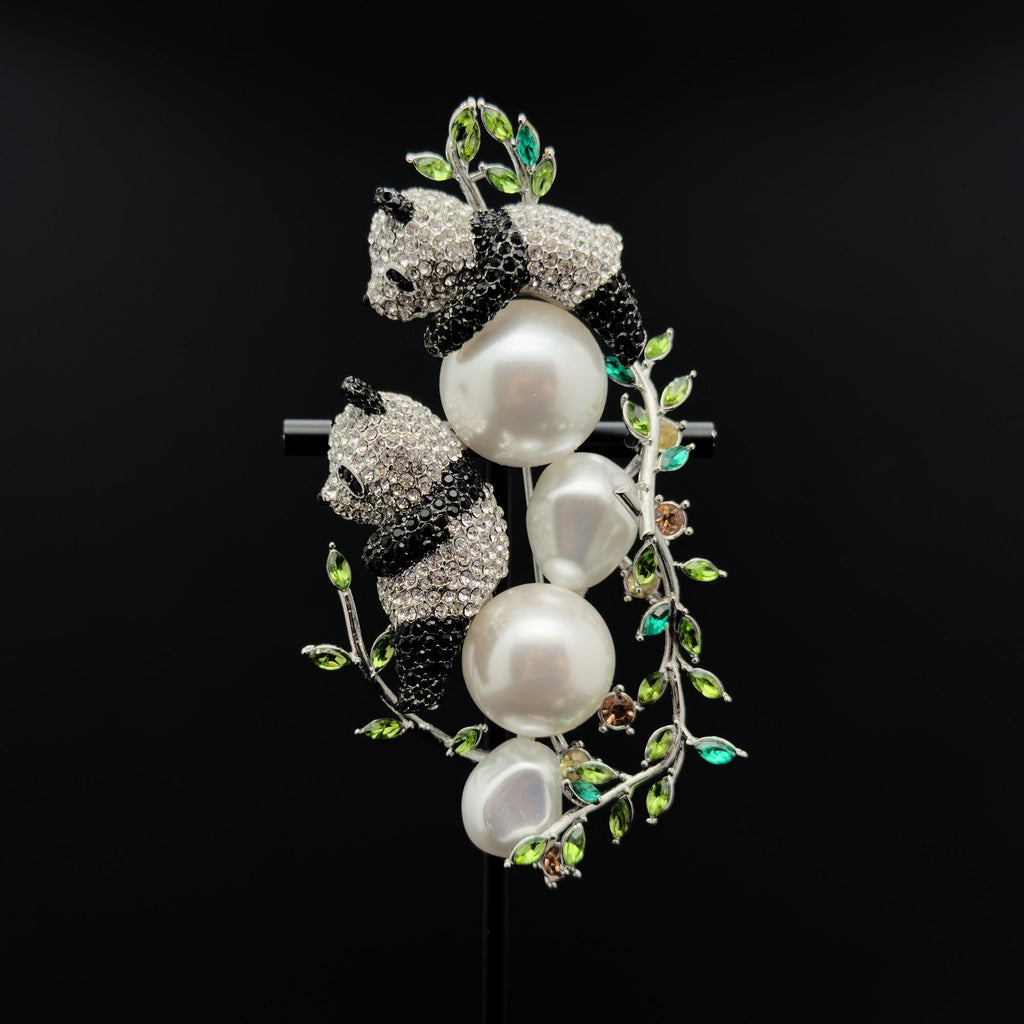 Art Deco Panda Brooch Rhinestone Pearl Copper Large Coat Pin