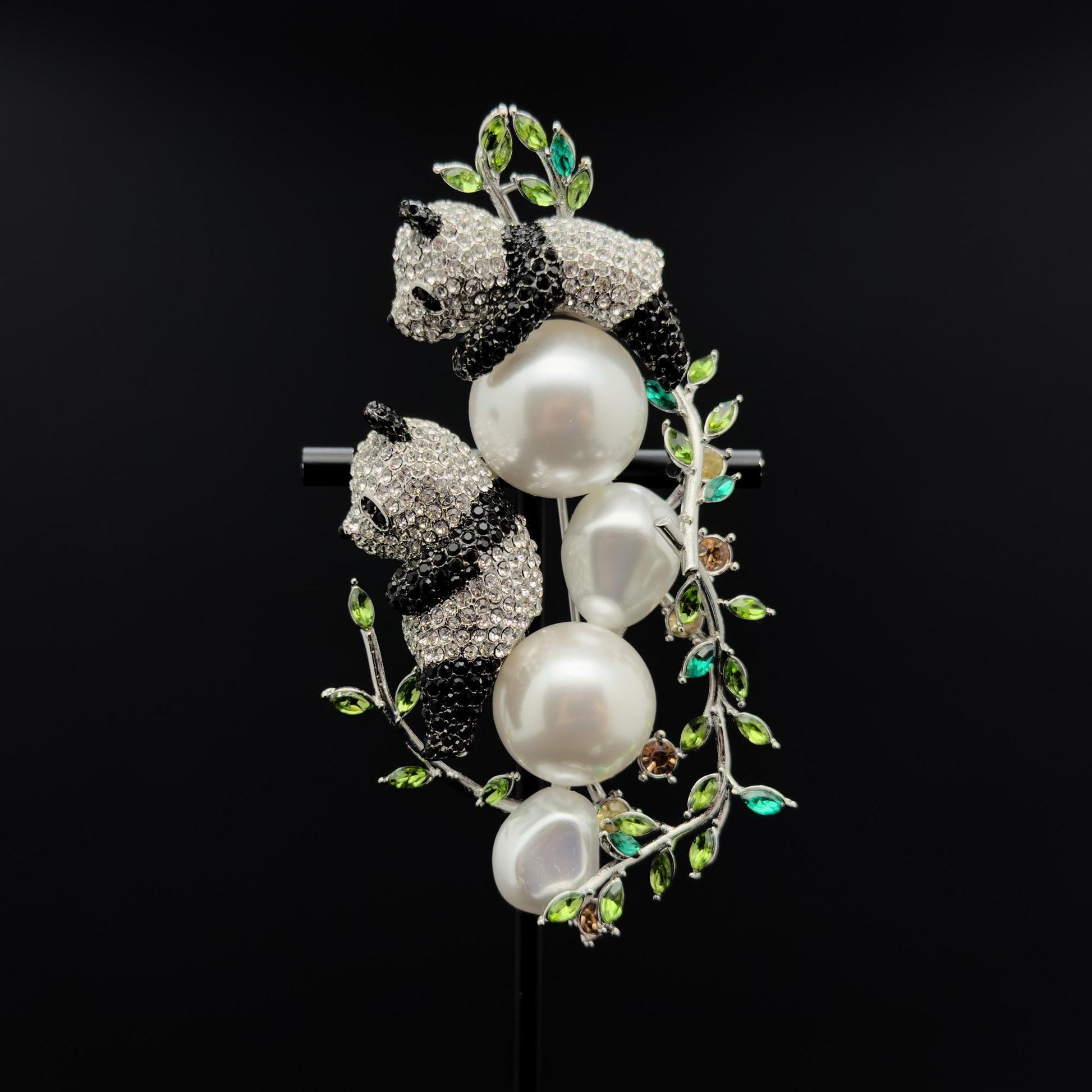 Art Deco Panda Brooch Rhinestone Pearl Copper Large Coat Pin