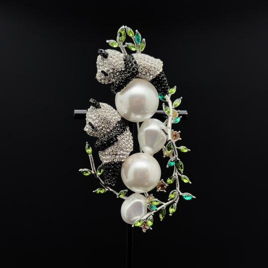 Art Deco Panda Brooch Rhinestone Pearl Copper Large Coat Pin