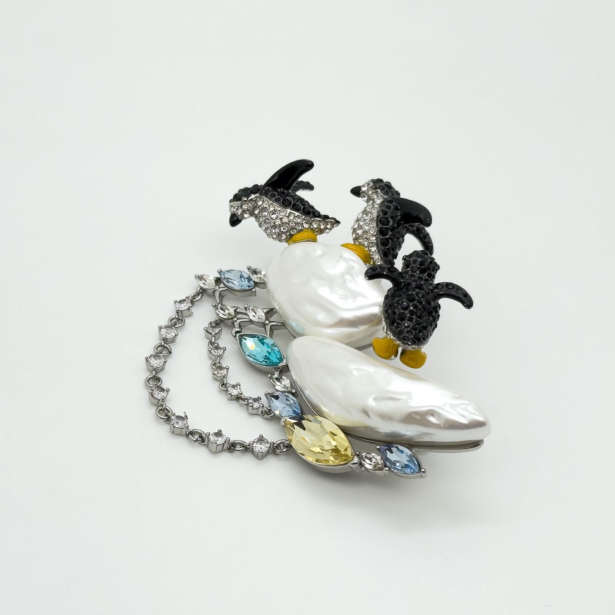 Art Deco Penguin Rhinestone Pearl Copper Large Statement Brooch Pin