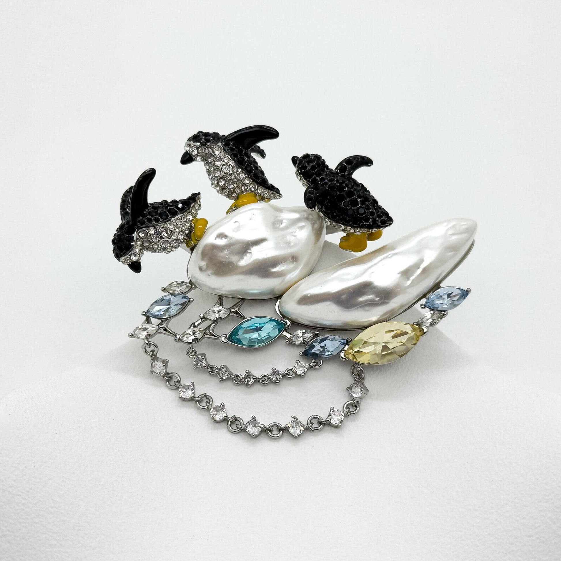 Art Deco Penguin Rhinestone Pearl Copper Large Statement Brooch Pin