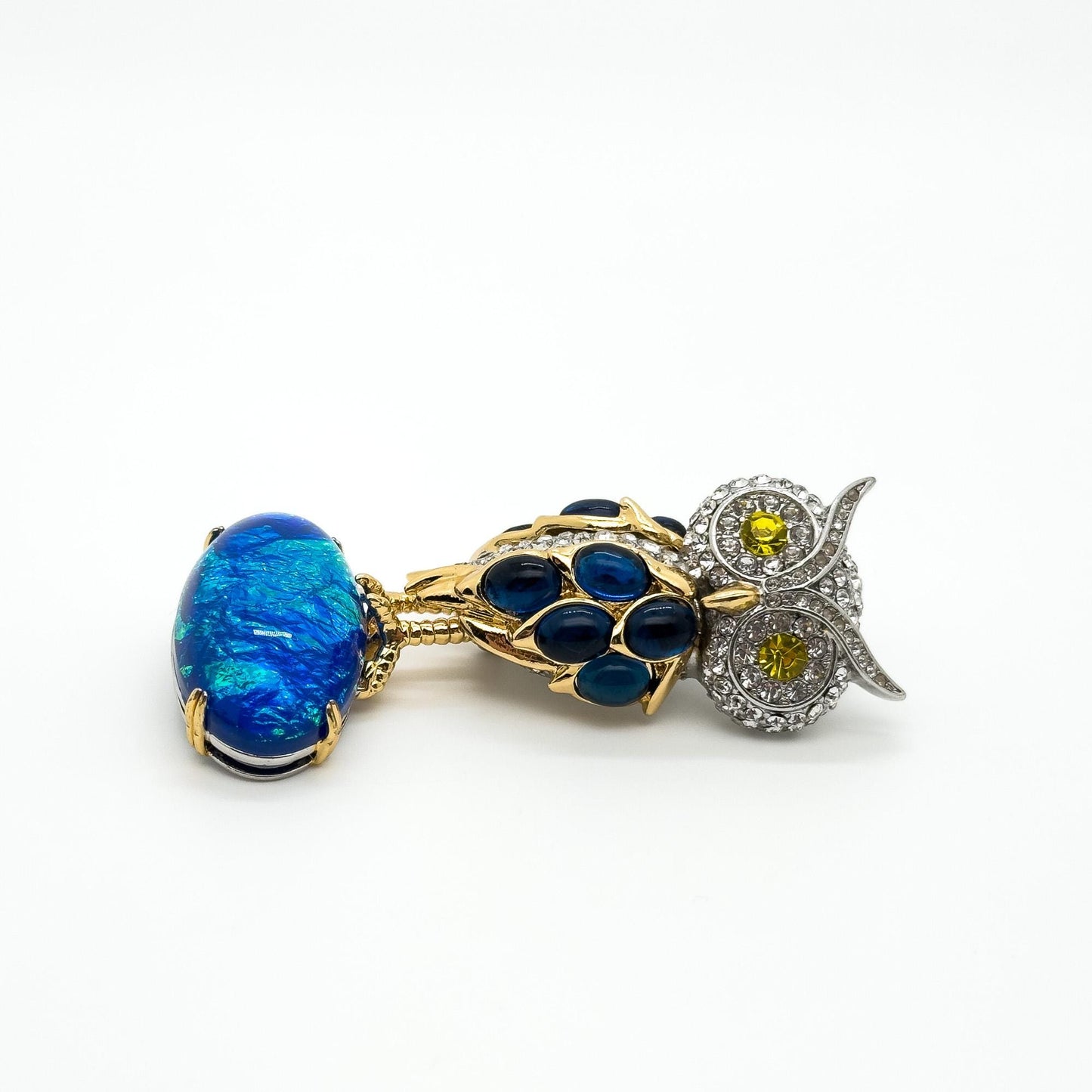 Art Deco Owl Brooch Rhinestone Pearl Copper Handcrafted Pin