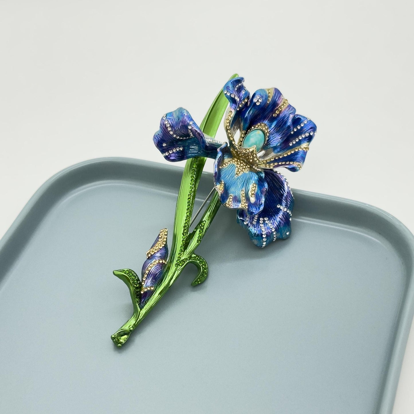 Art Deco Fleur-de-Lis Crystal Enamel Flower Brooch for Coat