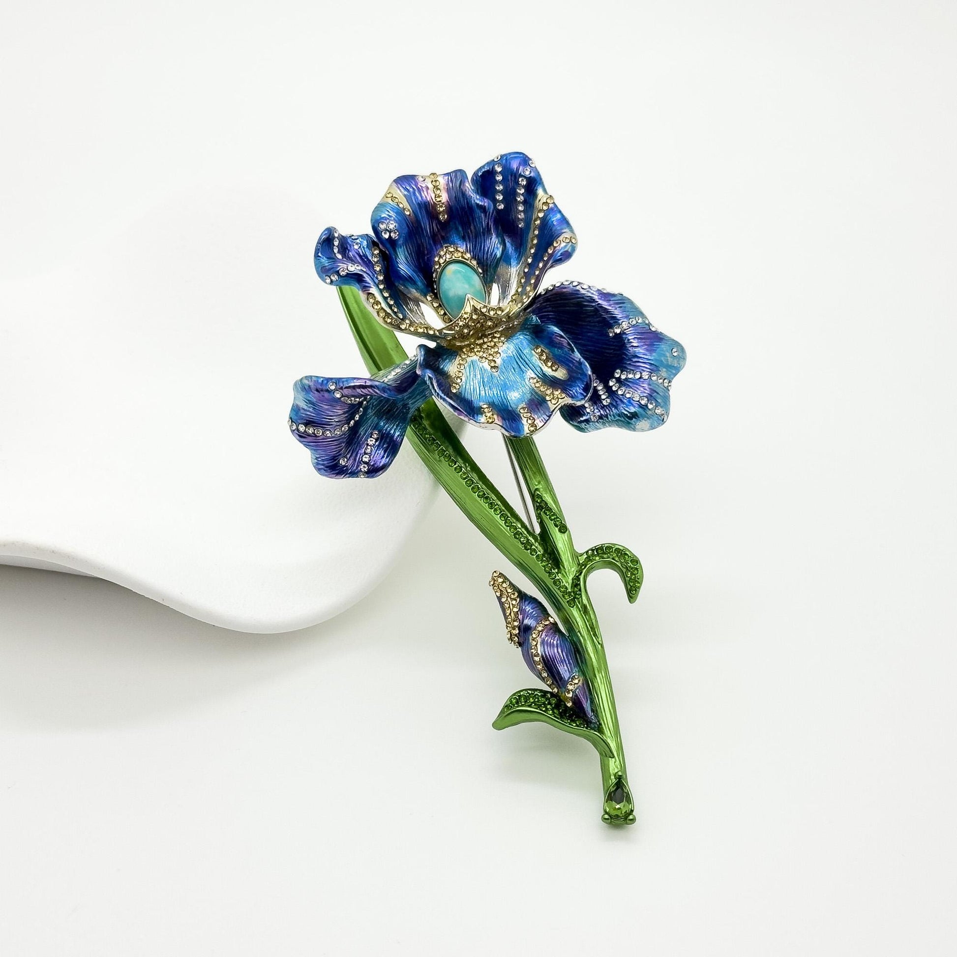 Art Deco Fleur-de-Lis Crystal Enamel Flower Brooch for Coat
