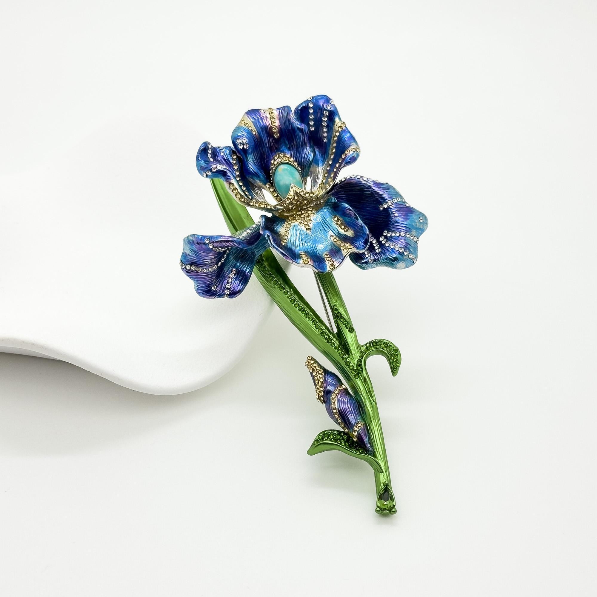 Art Deco Fleur-de-Lis Crystal Enamel Flower Brooch for Coat