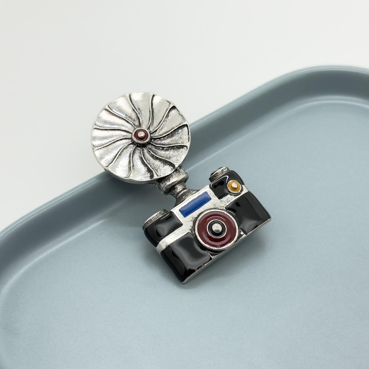 Art Deco Vintage Camera Brooch Copper Enamel Pin Accessory