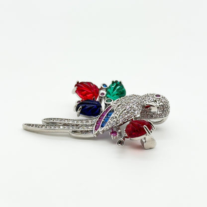 Vintage Colourful Glass Parrot Brooch Copper Zircon Handmade Gift