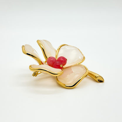 French Vintage Floral Brooch Pink Stamen Resin Stone Copper