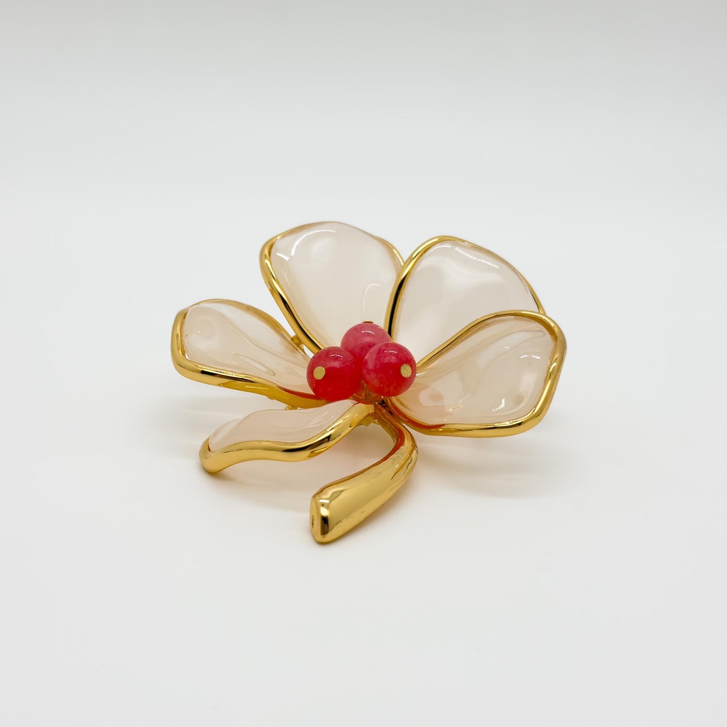 French Vintage Floral Brooch Pink Stamen Resin Stone Copper