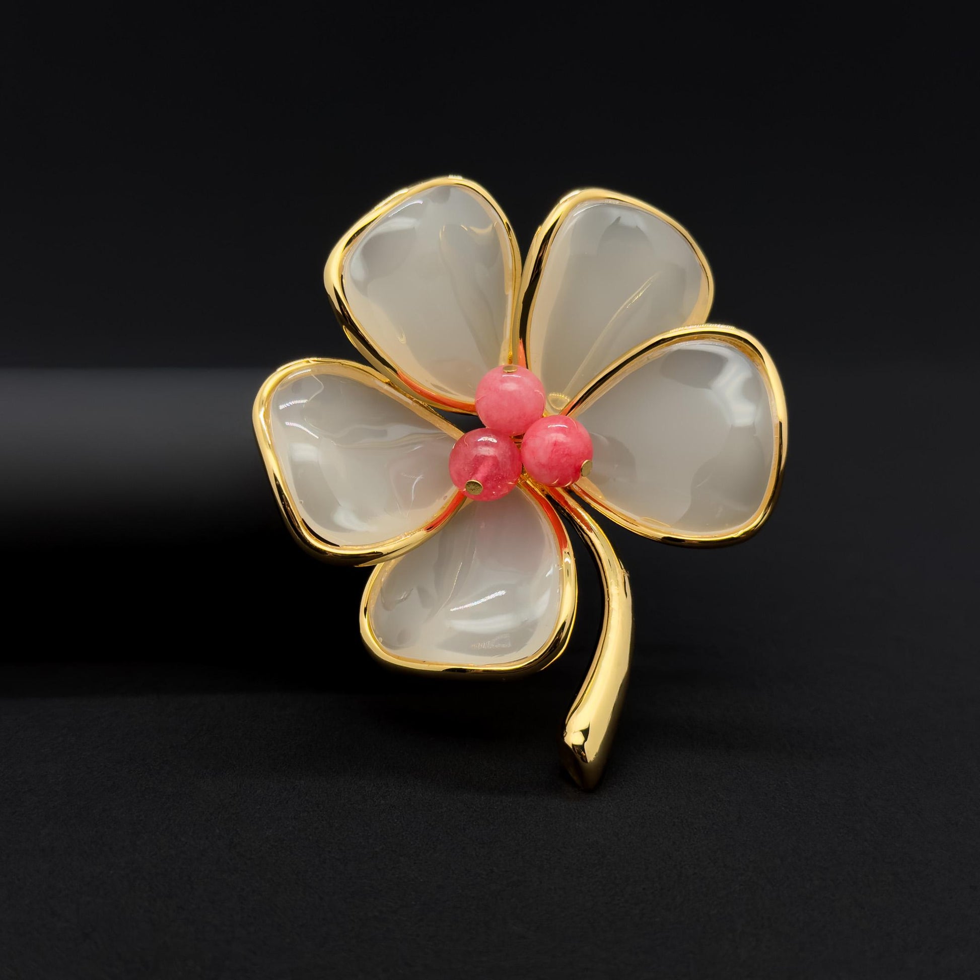 French Vintage Floral Brooch Pink Stamen Resin Stone Copper