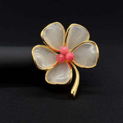 French Vintage Floral Brooch Pink Stamen Resin Stone Copper
