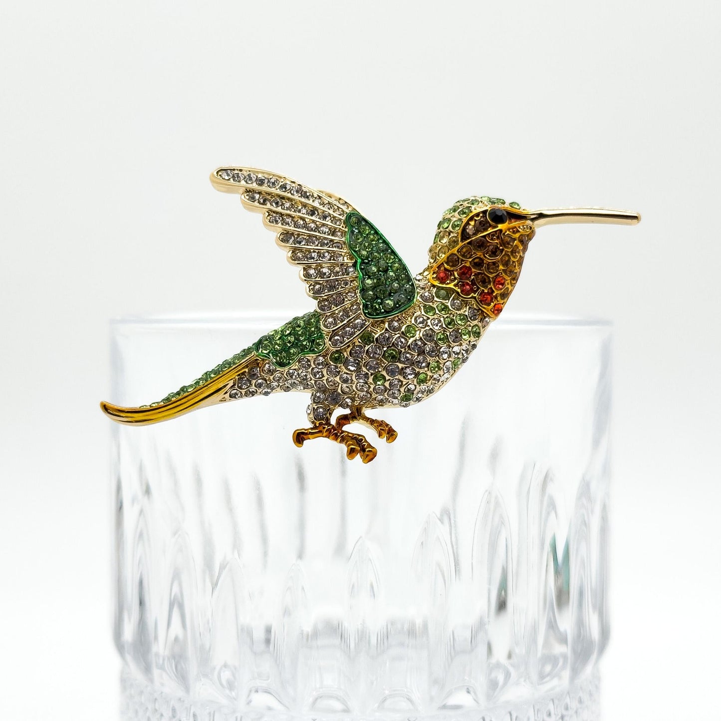 French Vintage Hummingbird Brooch 3D Rhinestone Copper Pin Gift