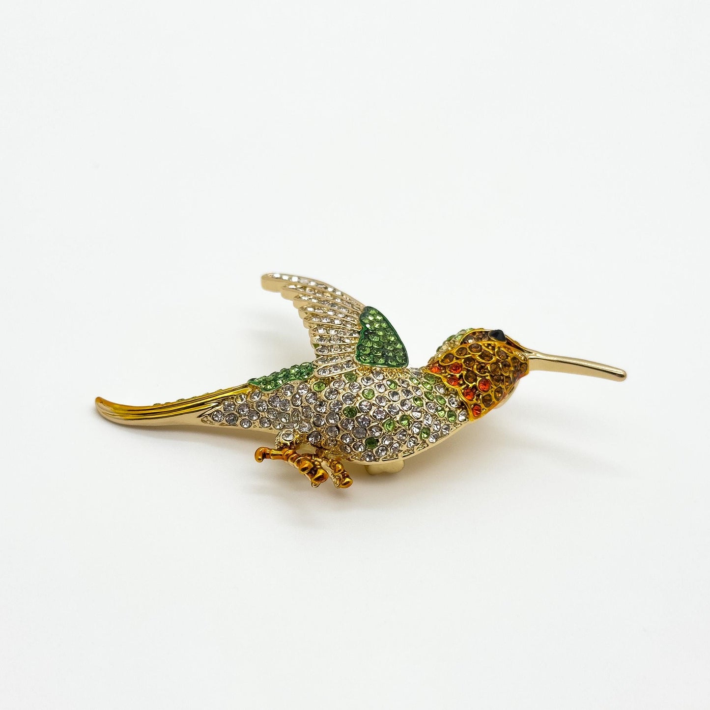 French Vintage Hummingbird Brooch 3D Rhinestone Copper Pin Gift