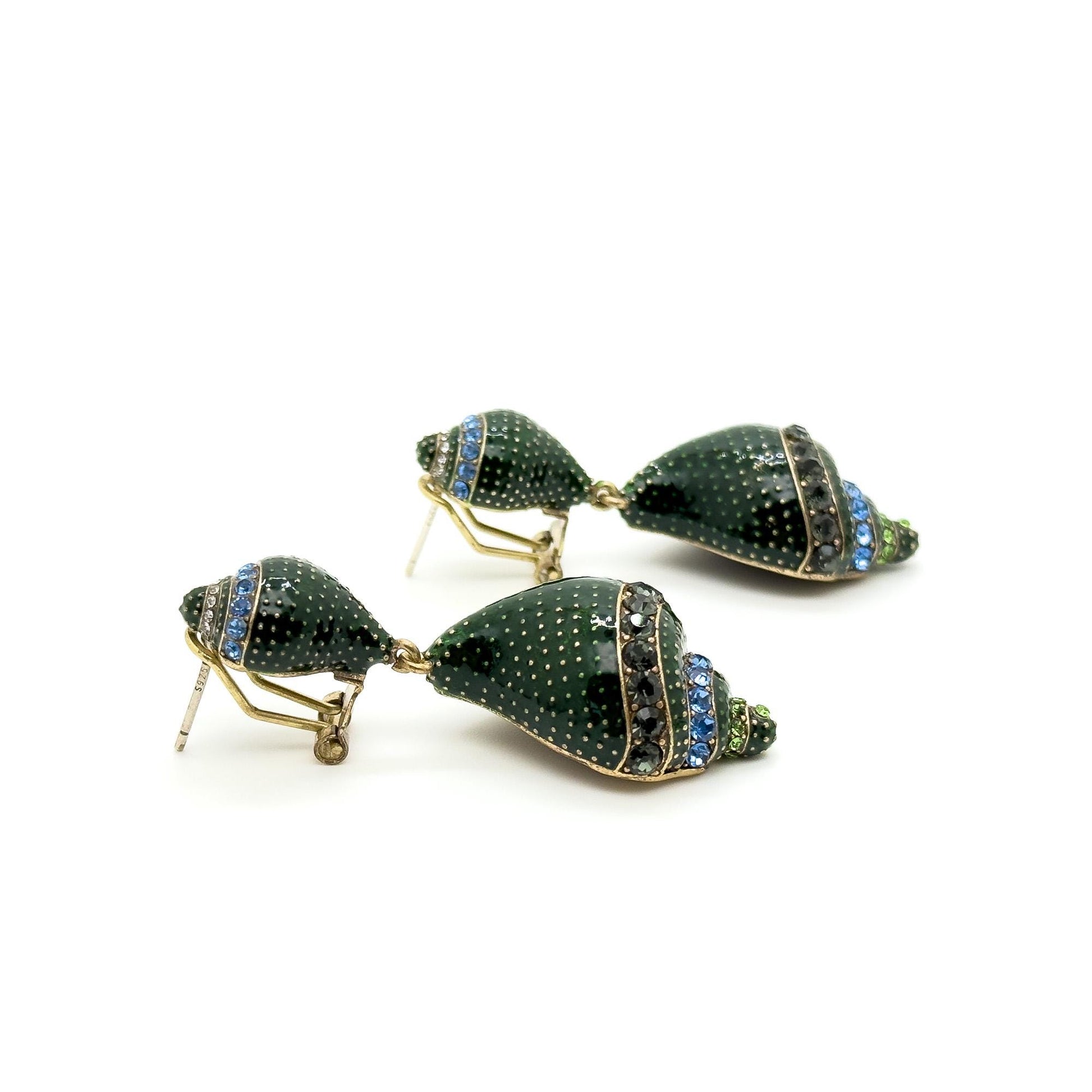 Vintage Art Deco Enamel Conch Drop Earrings with Zircon