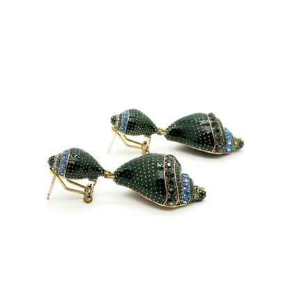Vintage Art Deco Enamel Conch Drop Earrings with Zircon