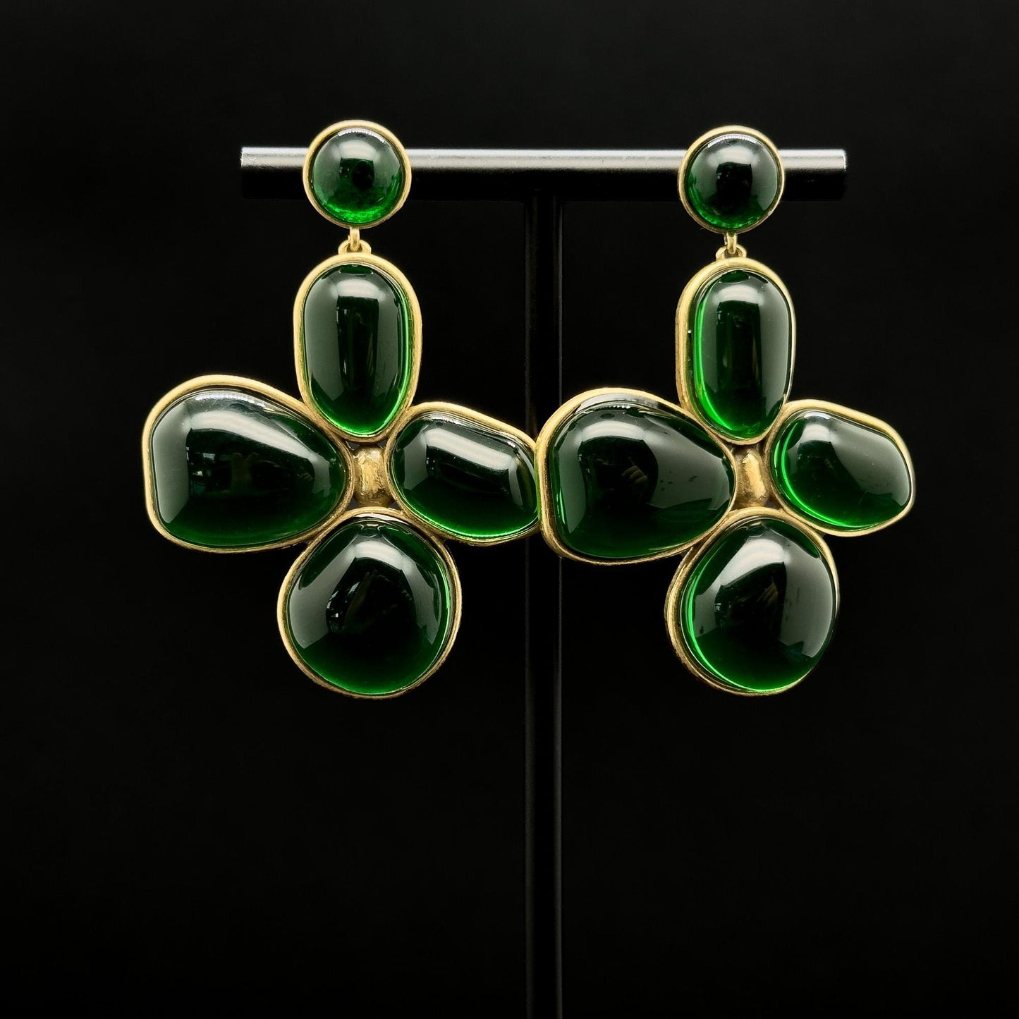 Art Deco Vintage Four-Leaf Clover Emerald Glass Copper Earrings