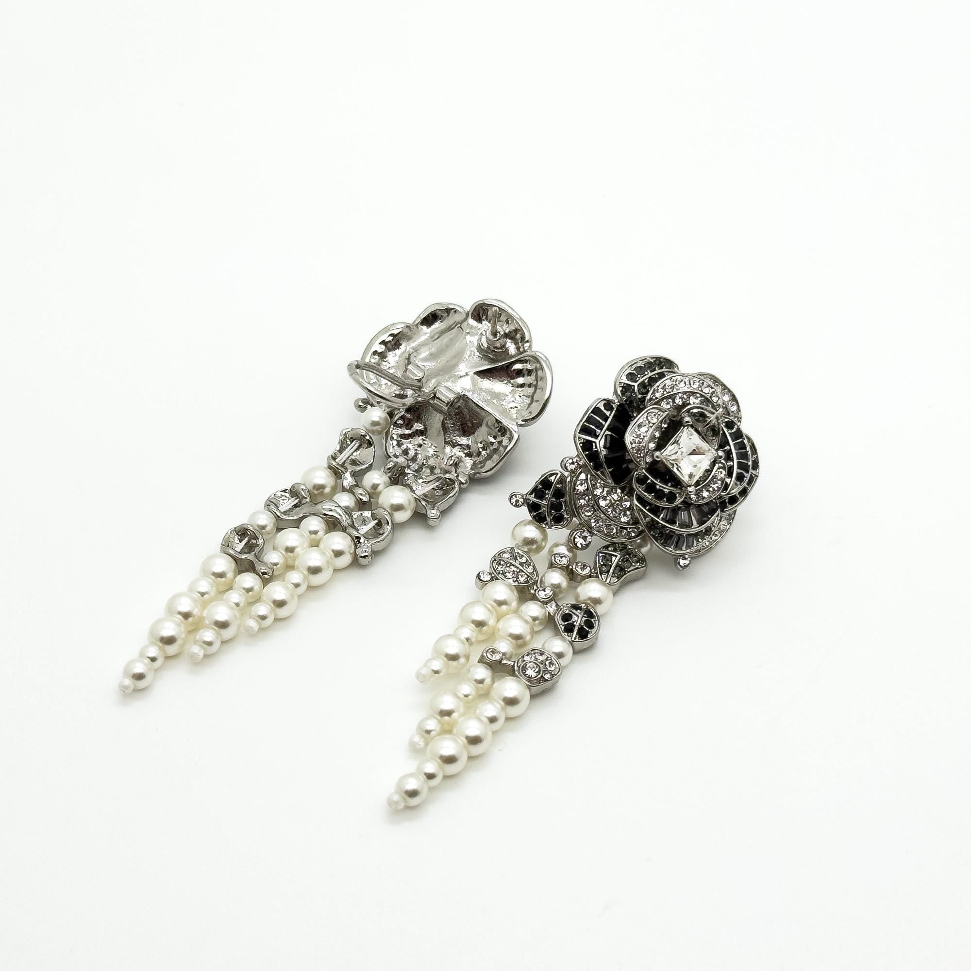 Vintage Art Deco Rose Flower Pearl Tassel Zircon Earrings