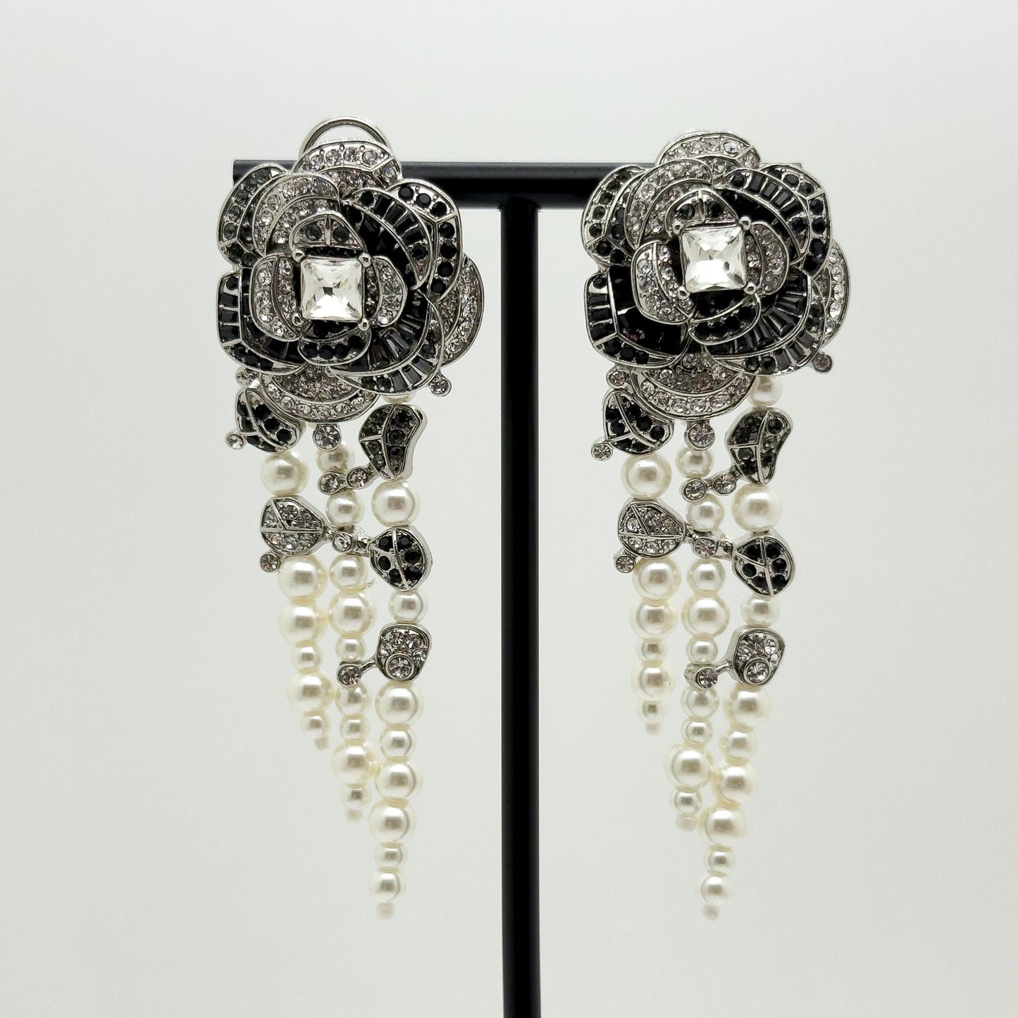 Vintage Art Deco Rose Flower Pearl Tassel Zircon Earrings