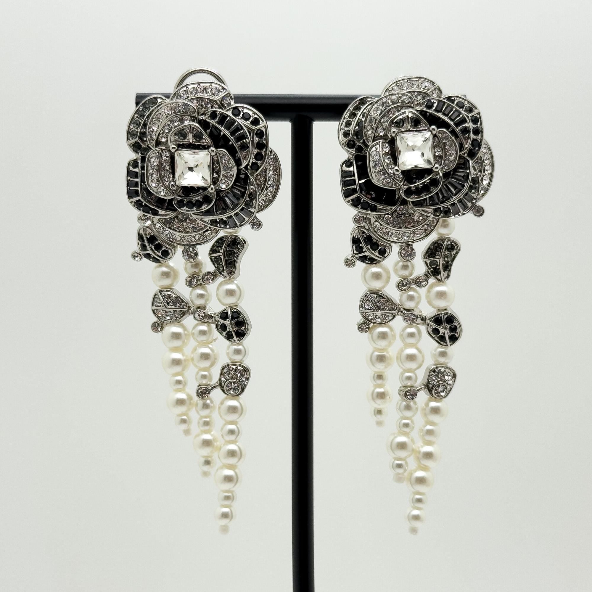 Vintage Art Deco Rose Flower Pearl Tassel Zircon Earrings