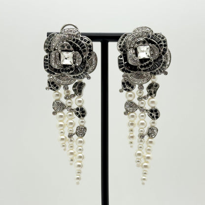 Vintage Art Deco Rose Flower Pearl Tassel Zircon Earrings