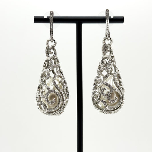 Vintage Art Deco Teardrop Earrings with Pearl Rhinestone Detail