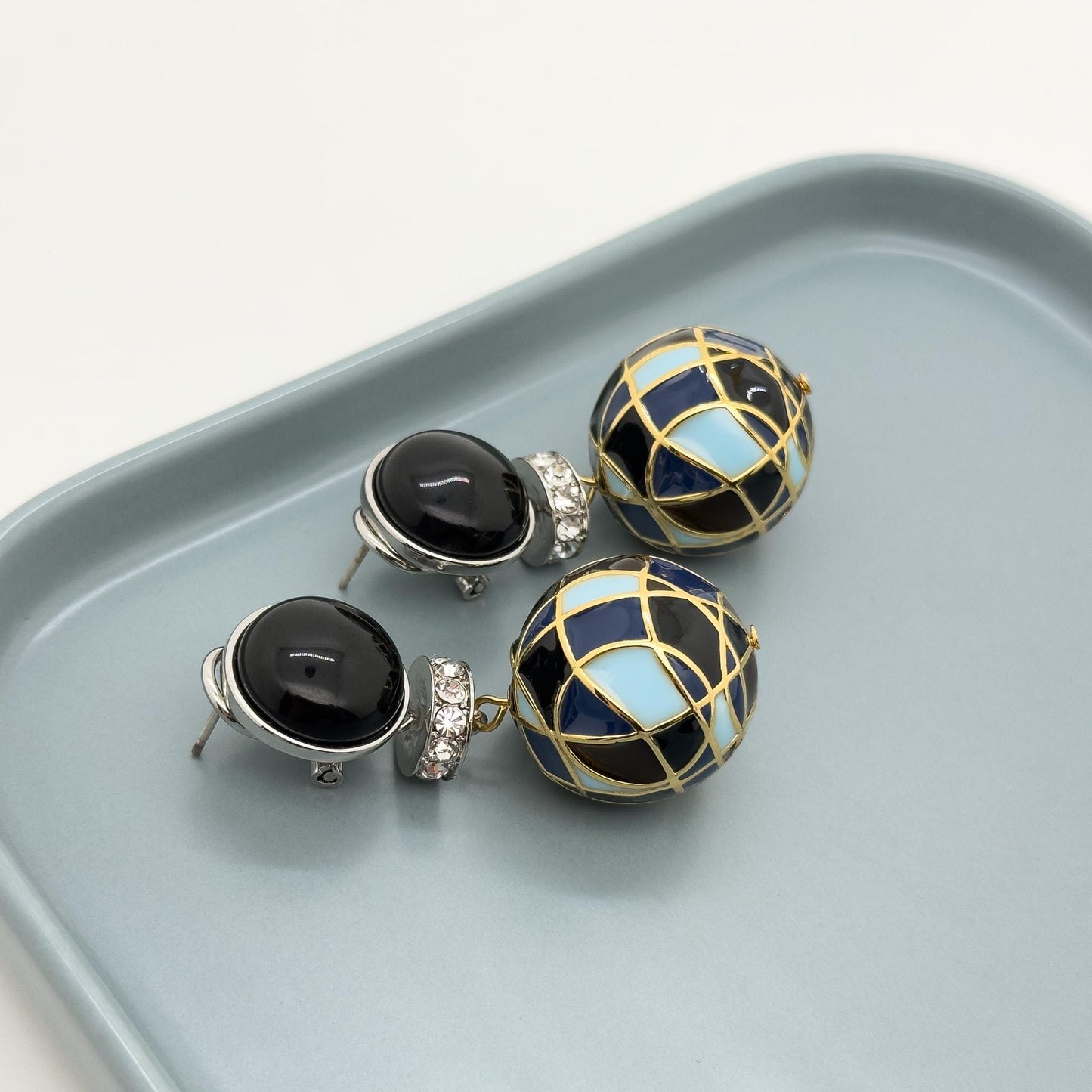 Vintage Art Deco Enamel Ball Earrings with Rhinestone Accents