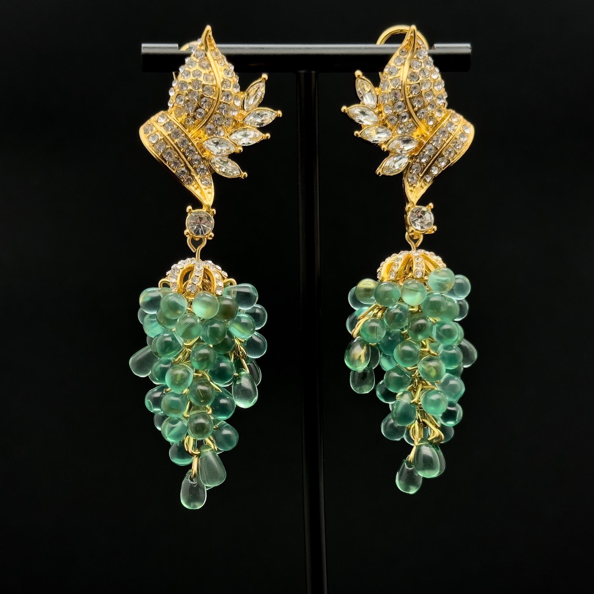 Vintage Art Deco Grape Drop Earrings with Rhinestones and Beads