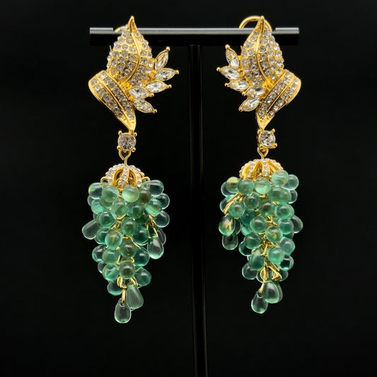 Vintage Art Deco Grape Drop Earrings with Rhinestones and Beads
