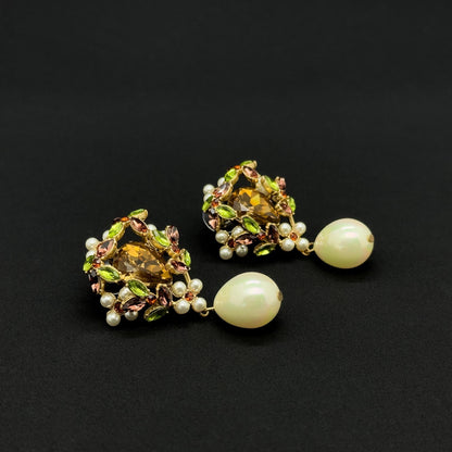 Vintage Art Deco Teardrop Earrings Zircon Pearl Copper Studs