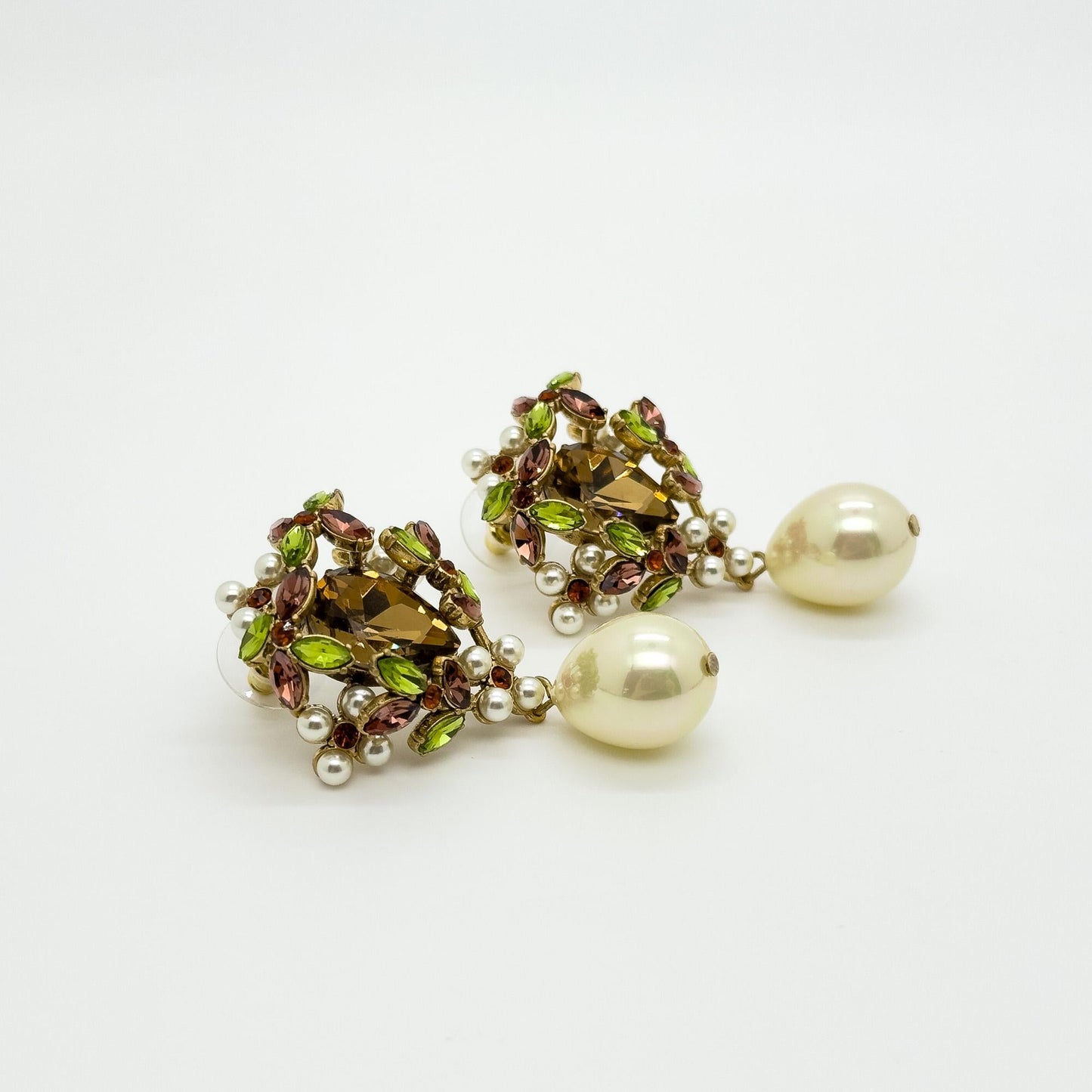 Vintage Art Deco Teardrop Earrings Zircon Pearl Copper Studs