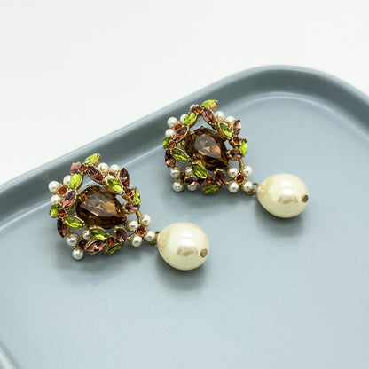 Vintage Art Deco Teardrop Earrings Zircon Pearl Copper Studs